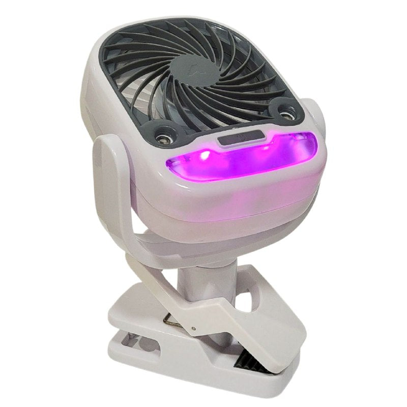 VENTILADOR PORTATIL CON CLIP EXTRA FUERTE, 3 VELOCIDADES, SILENCIOSO, 360 GRADOS, INALAMBRICO Y RECARGABLE, ENFRIADOR Y HUMIFICADOR CON LUZ LED, BATERIA 5H ARTIC COOL CLAMP