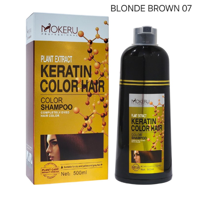 SHAMPOO TINTE PARA EL CABELLO CON QUERATINA CUBRE CANAS TONO MARRON RUBIO 07 MOKERU 500ML