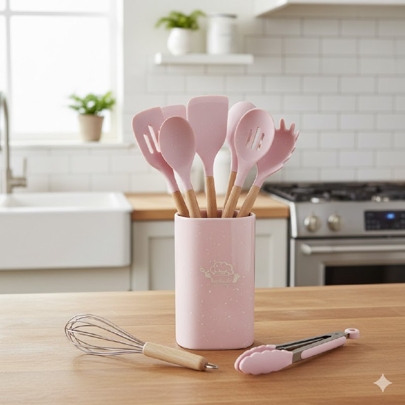 JUEGO DE UTENSILIOS DE COCINA DE SILICONA CON SOPORTE PLASTICO DE 12 PIEZAS, DISEÑADO PARA SOPORTAR TEMPERATURAS DE 30 A 130 GRADOS, SILICONA FLEXIBLE Y SUAVE, 5 COLORES KITCHEN & DINNING