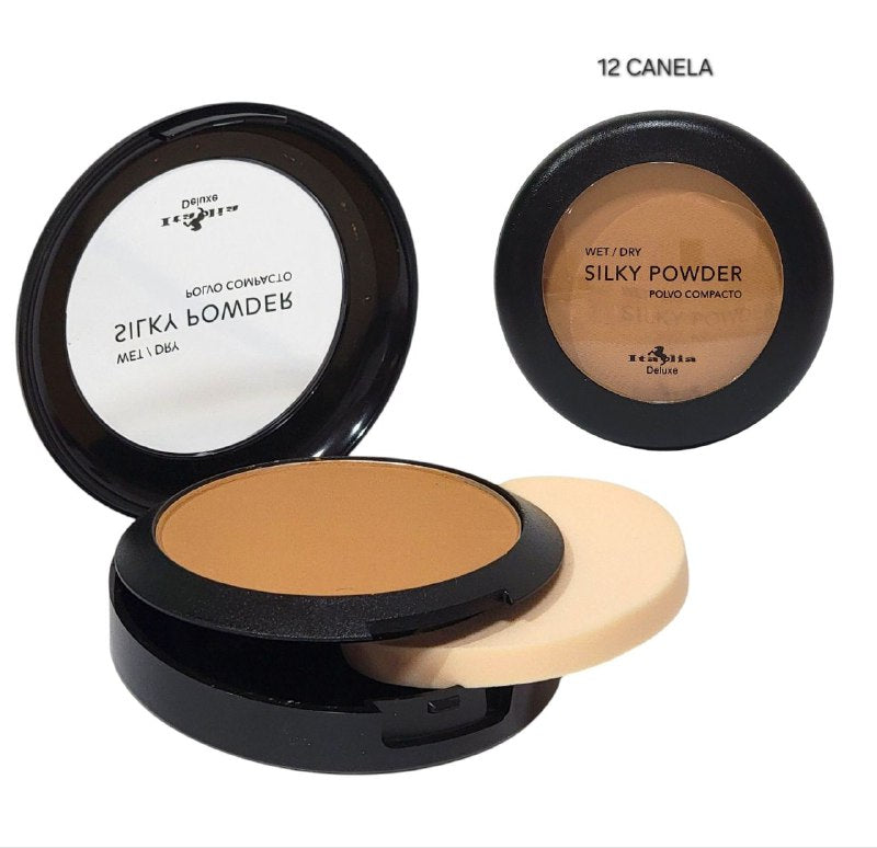 POLVO COMPACTO LIGERO, MATE, COBERTURA LIGERA A MEDIA, TONO 12 CANELA ITALIA DELUXE WET/DRY SILKY POWDER 8G