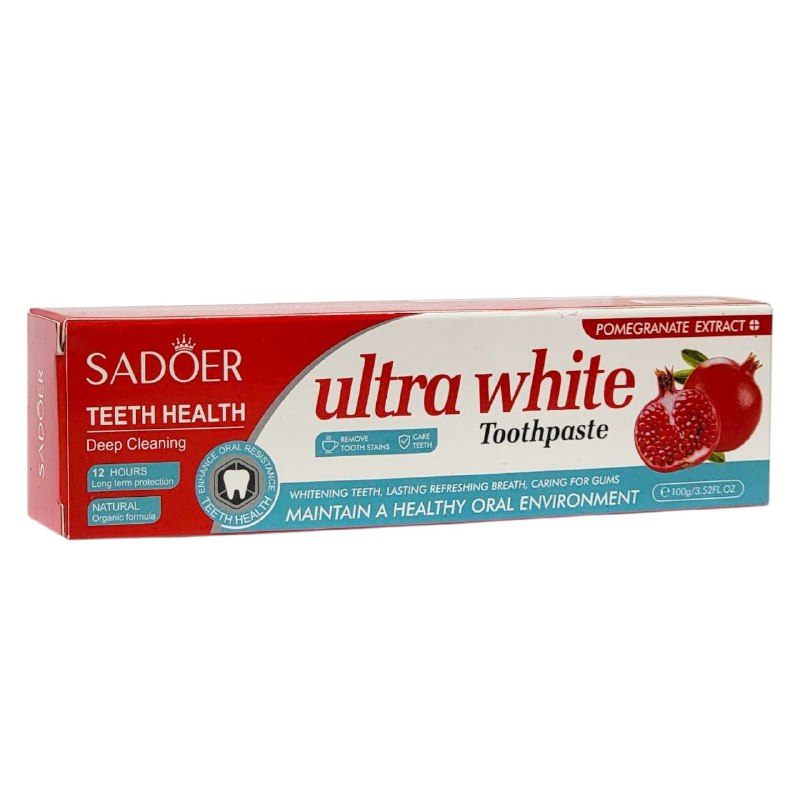 PASTA DE DIENTES, DE EXTRACTO DE GRANADA, ELIMINA LAS MANCHAS DIFICILES Y SARRO BLANDO, DIENTES AMARILLOS, BLANQUEA Y ABRILLANTA LOS DIENTES SADOER 100G