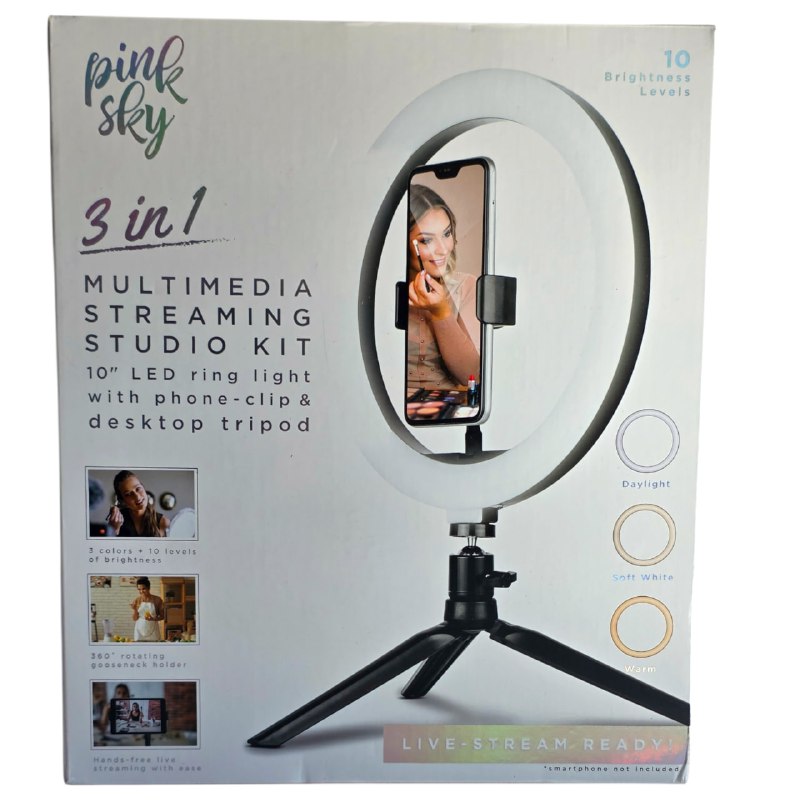 ARO DE LUZ LED DE 10 PULGADAS, TRIPODE DE LUZ ANILLO LED DE 3 COLORES CON SOPORTE GIRATORIO PARA TELEFONO PINK SKY