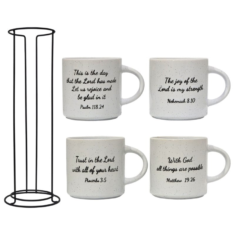 JUEGO DE 4 TAZAS DE CAFE APILABLES CON ESTANTE DE METAL ELEGANTES DE VERSICULOS BIBLICOS 9X10CM