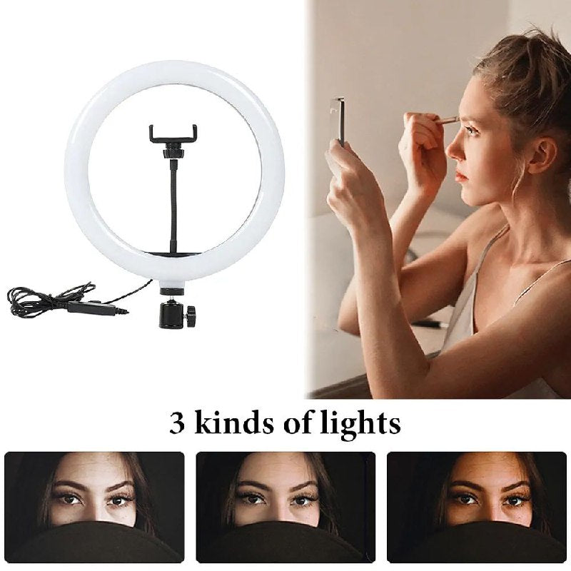 ARO DE LUZ LED DE 10 PULGADAS, DISEÑADO PARA MEJORAR TUS SELFIES Y TRANSMISIONES EN VIVO, OFRECE LUZ DE RELLENO QUE RESALTA TU BELLEZA FACIAL, CON 3 TEMPERATURAS DE COLOR AJUSTABLES RING FILL LIGHT