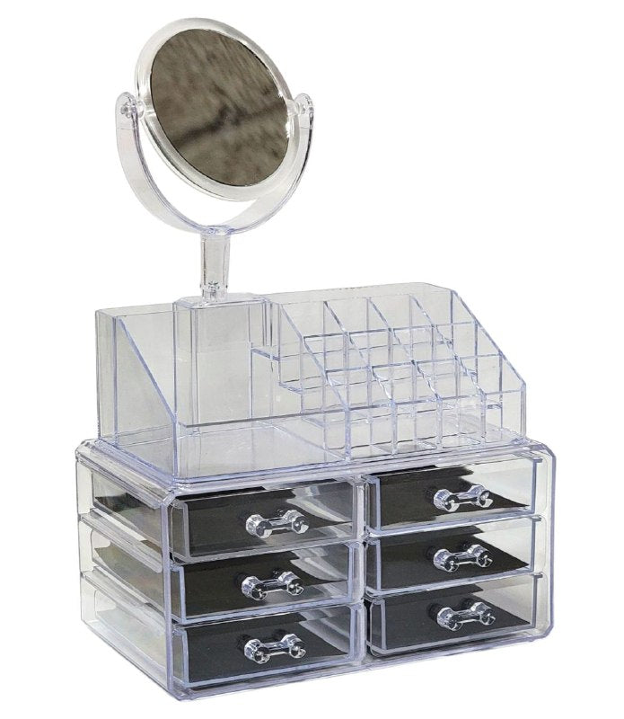 ORGANIZADOR ESTANTE DE COSMETICOS, MAQUILLAJE O JOYERIA TRANSPARENTE DE ACRILICO CON ESPEJO 18X22x13CM
