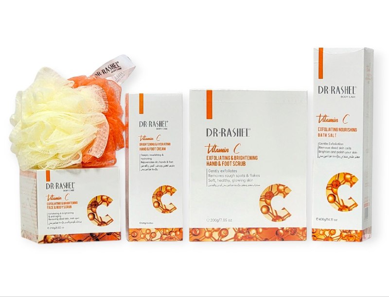 SET DE LIMPIEZA CORPORAL EXFOLIANTE Y NUTRITIVO VITAMINA C DE 4 PIEZAS DR RASHEL BODY
