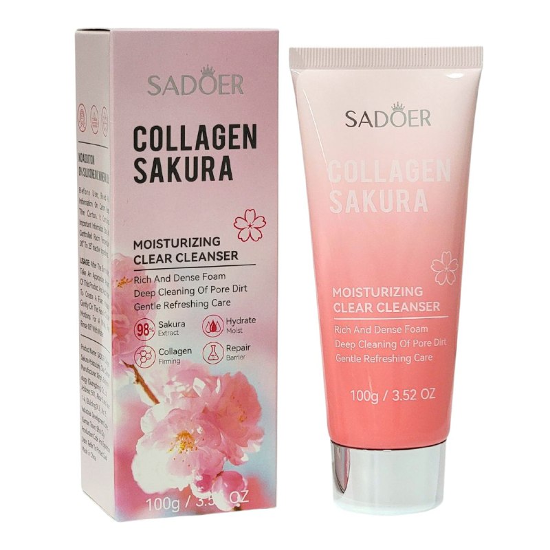 LIMPIADOR FACIAL EN CREMA TRANSPARENTE HIDRATANTE, ESPUMA RICA Y DENSA, LIMPIEZA PROFUNDA, SUCIEDAD DE LOS POROS, REFRESCANTE, EXTRACTO DE SAKURA REAFIRMANTE DE COLAGENO SADOER COLLAGEN SAKURA 100G