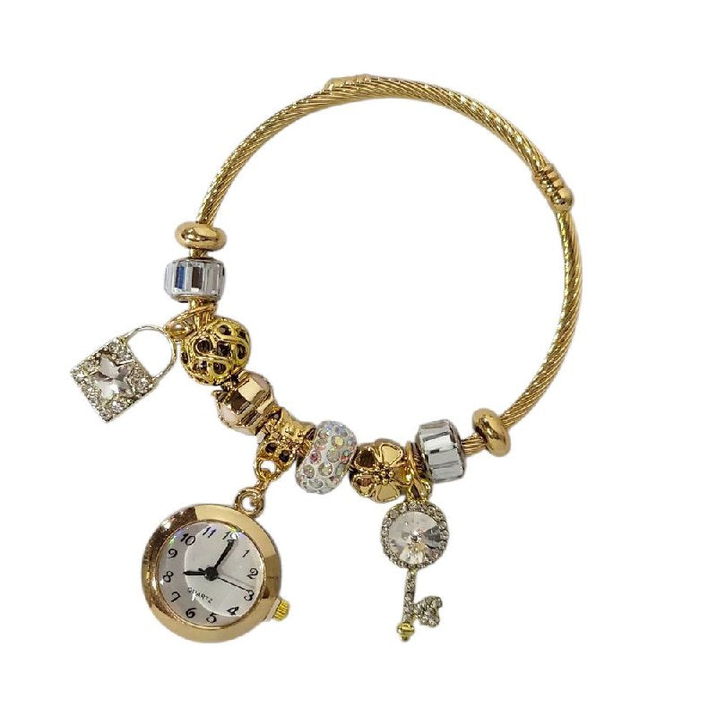 RELOJ ECONOMICO ESTILO PANDORA PARA DAMA DE ACERO CON BAÑO DE ENCHAPE