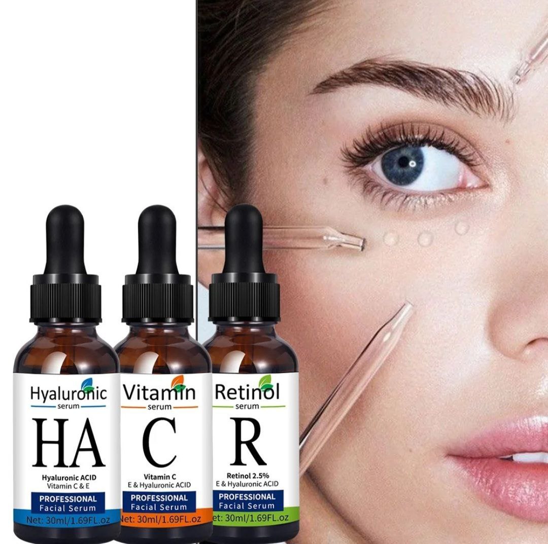 SUERO FACIAL EN SET, BLANQUEAMIENTO, HIDRATANTE Y ANTIARRUGAS, SUERO CON VITAMIAN C 30ML, SUERO CON ACIDO HIALURONICO 30ML, SUERO CON RETINOL 30ML FACE SERUM