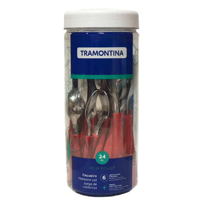 CUBIERTOS TENEDORES DE TRAMONTINA EN SET DE 24 PIEZAS COLOR ROJO, 6X CUCHARAS, 6X TENEDORES, 6X CUCHILLOS, 6X CUCHARAS PEQUEÑAS