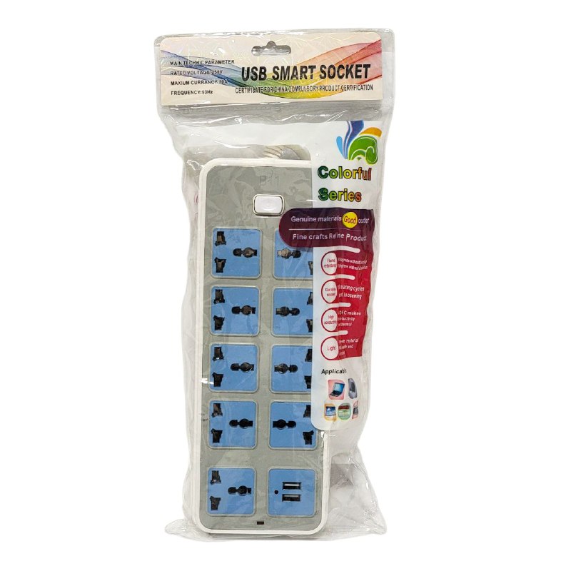 REGLETA EXTENSION ENCHUFE INTELIGENTE USB, VOLTAJE NOMINAL 250V, PROTECCION CONTRA SOBRETENSION, 9 ENCHUFES, 2 USB 110/220V COLORFUL SERIES USB SMART SOCKET