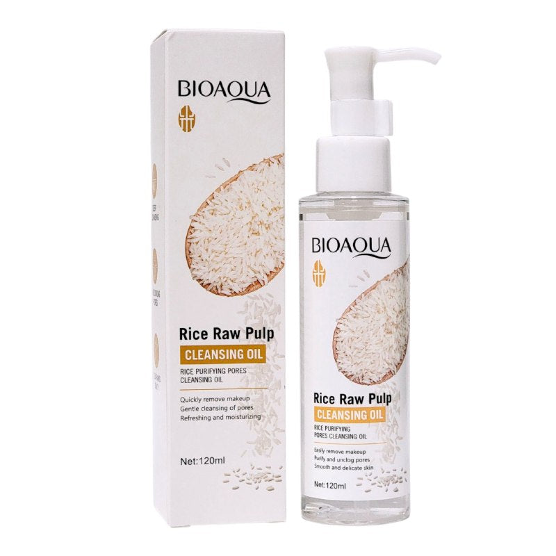 LIMPIADOR FACIAL, ACEITE LIMPIADOR DESMAQUILLANTE RAPIDO DE ARROZ 120ML, ES UN ACEITE LIMPIADOR QUE DESMAQUILLA RAPIDAMENTE Y LIMPIA SUAVEMENTE LOS POROS, FACILITA LA ELIMINACION DEL MAQUILLAJE E IMPUREZAS DEJANDO LA PIEL SUAVE Y CLARA BIOAQUA