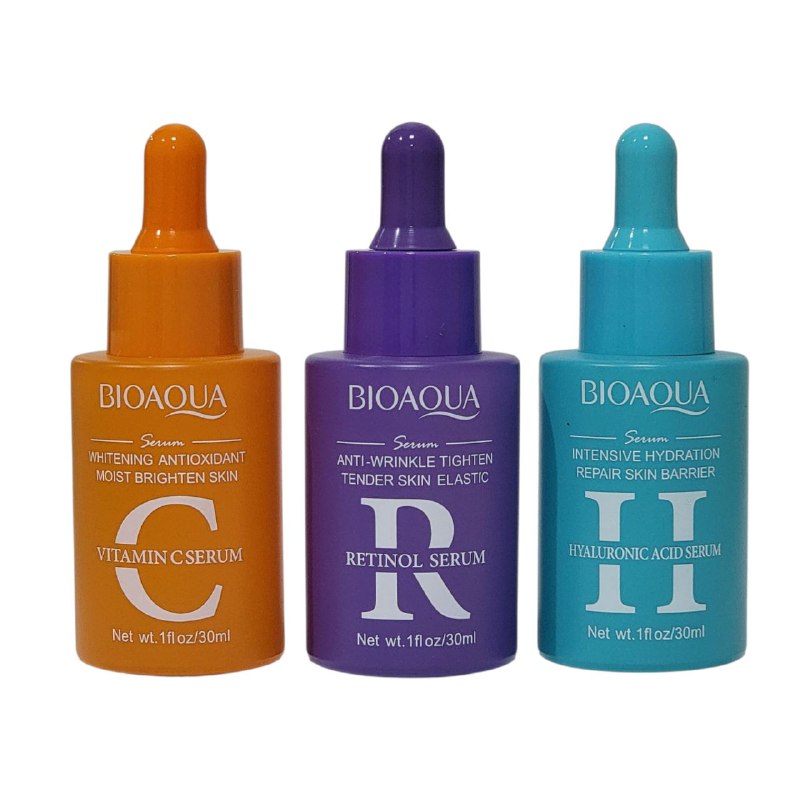 SUERO FACIAL EN SET QUE COMBINA HIDRATACION, ANTIEDAD Y BLANQUEAMIENTO DE LA PIEL 30MLX3, PARA UNA PIEL RADIANTE SUERO CON ACIDO HIALURONICO, SUERO ANTIARRUGAS CON RETINOL, SUERO BLANQUEADOR ANTIOXIDANTE DE VITAMINA C BIOAQUA