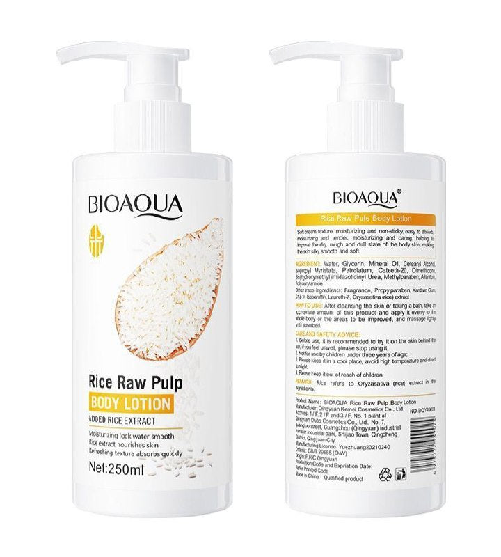 CREMA CORPORAL HIDRATANTE SUAVIZANTE Y ILUMINADORA DE PULPA CRUDA DE ARROZ BIOAQUA 250ML