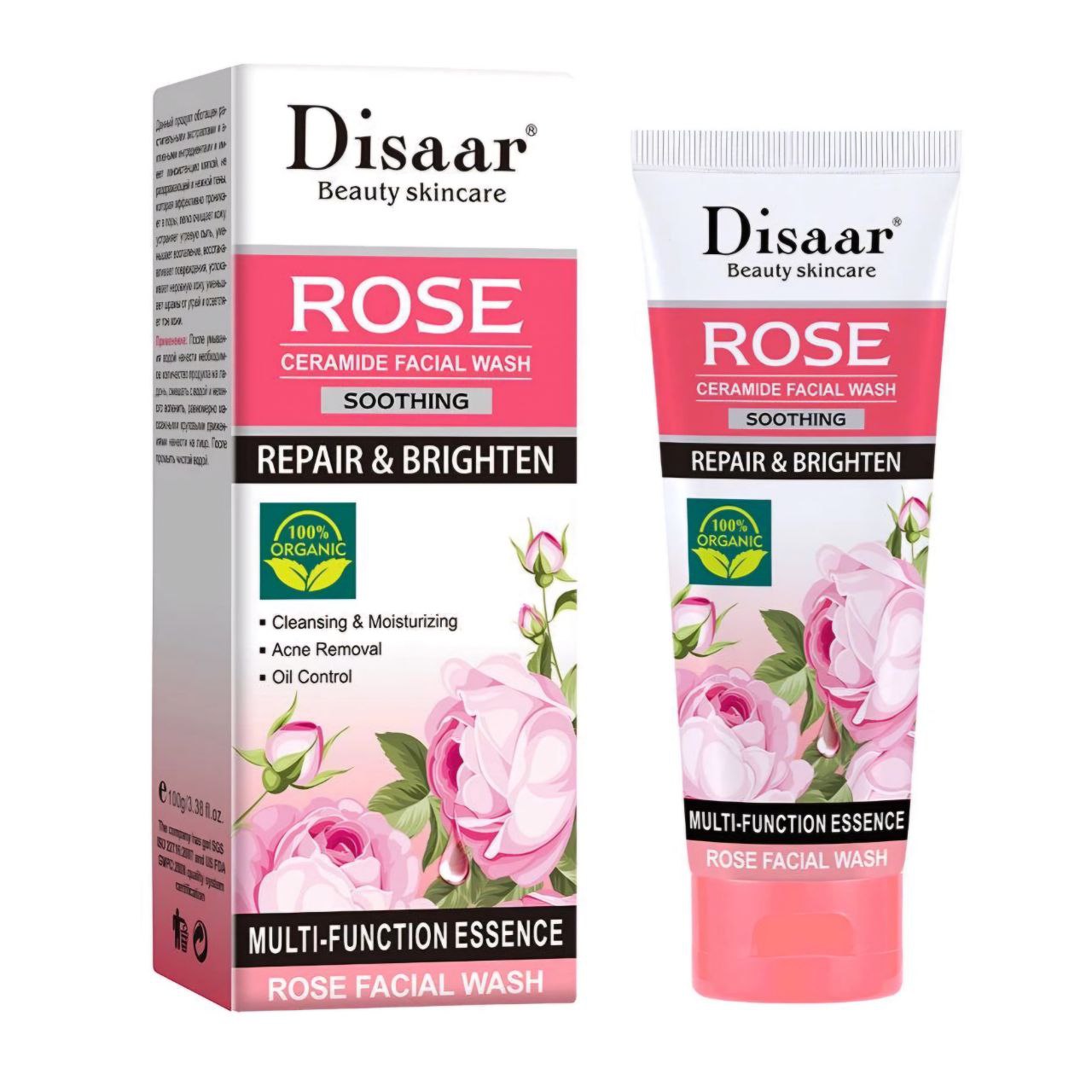 LIMPIADOR FACIAL WASH LAVADO CON CERAMIDA, CALMANTE, REPARAR Y BRILLAR,LIMPIA E HIDRATA, ELIMINA EL ACNE DISAAR BEAUTY SKINCARE ROSE CERAMIDE FACIAL WASH 100G