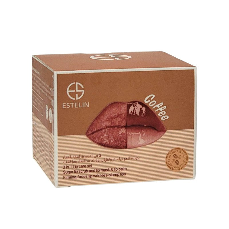 MASCARILLA HIDRATANTE PARA LABIOS EN SET 3 EN 1 BALSAMO HIDRATANTE MANTECA KARITE Y CAFE ESTELIN 5G