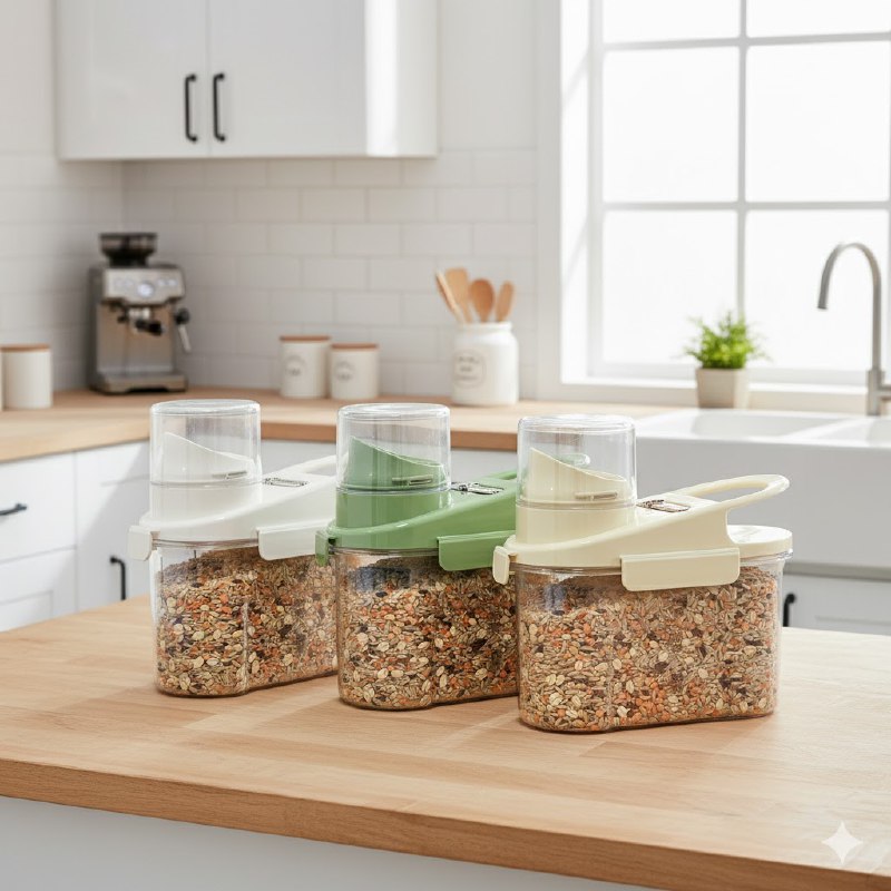 ALMACENADOR DISPENSADOR DE ALIMENTOS CEREALES O GRANOS 900ML, EQUIPADO CON LINEA MEDIDORA Y TAPADERA DE USO FACIL 3 COLORES