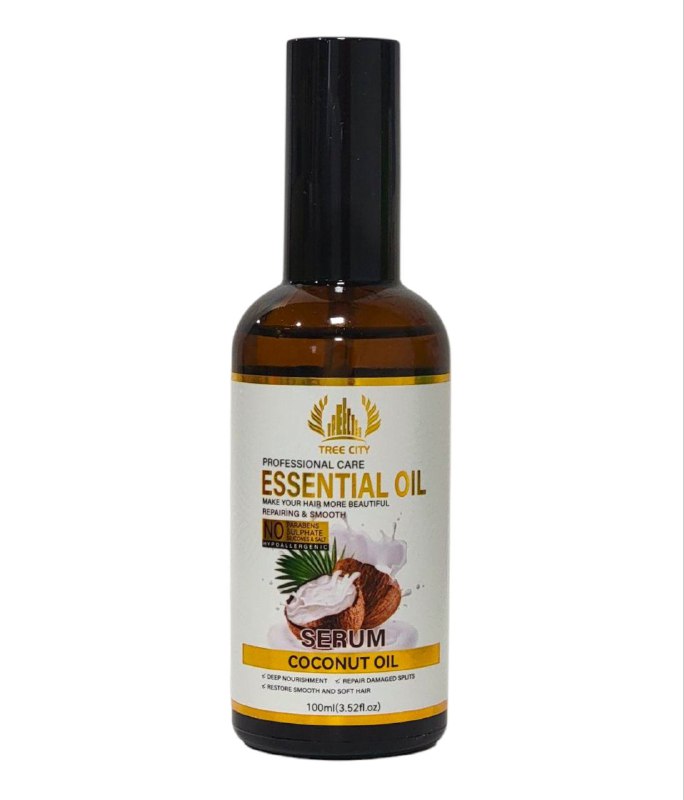 ACEITE PARA EL CABELLO DE ESENCIA DE COCO, CABELLO MAS HERMOSO, RAPARADO Y SUAVE, PENETRA PROFUNDAMENTE Y NUTRE, DA BRILLO Y ELASTICIDAD, PUNTAS ABIERTAS Y DAÑADAS TREE CITY ESSENTIAL OIL 100ML