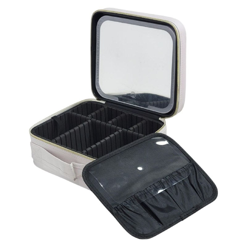 ESTUCHE ORGANIZADOR DE MAQUILLAJE CON ESPEJO LED 3 MODOS DE ILUMINACION, RESISTENTE AL POLVO Y AGUA, CORREA AJUSTABLE, 3 COLORES ACCESOIRES BEAUTE