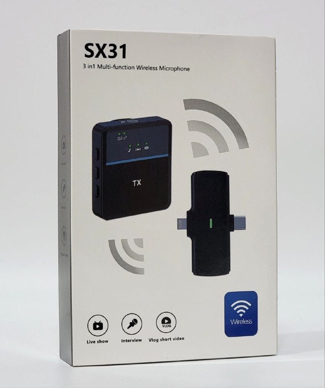 MICROFONO INALAMBRICO MULTIFUNCION 3 EN 1 CANCELACION DE RUIDO INTELIGENTE, SINCRONIZACION DE SONIDO E IMAGEN, PORTATIL, MONITOREO EN TIEMPO REAL SX31