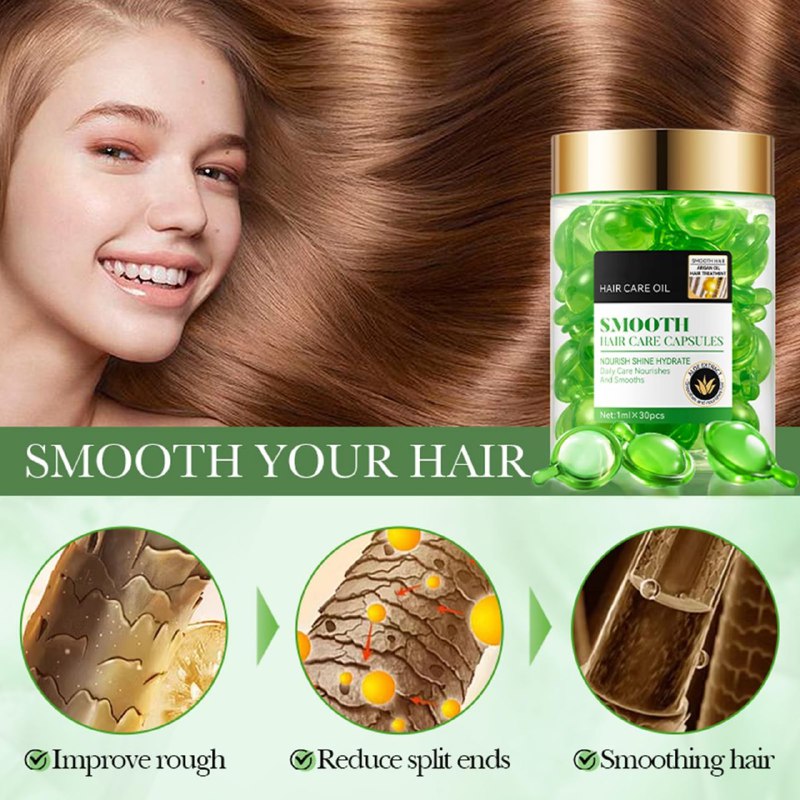 AMPOLLAS PARA EL CABELLO EN CAPSULAS LISO DE ACEITE DE ARGAN Y ALOE, HIDRATA Y SUAVIZA PROFUNDAMENTE, CUIDADO DIARIO NUTRE Y SUAVIZA, NO ACEITOSO, FACIL DE ABSORBER SADOER HAIER CARE OIL SMOOTH 1MLX30
