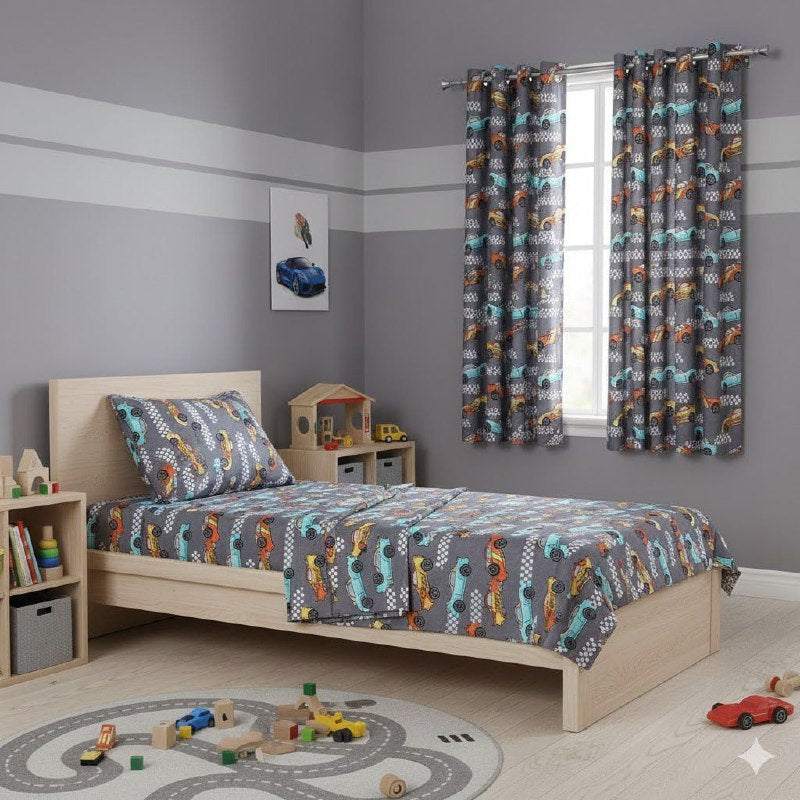 JUEGO DE SABANAS MATRIMONIAL EN SET CON CORTINAS PARA NIÑOS DE 6 PIEZAS CARROS BENELI HOME