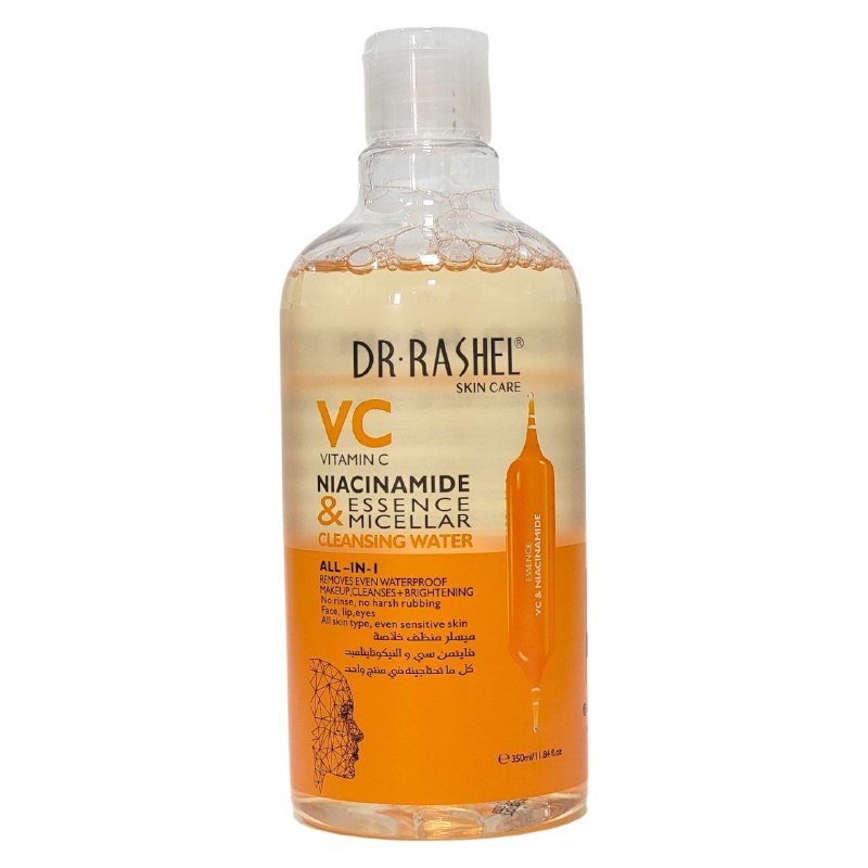 AGUA MICELAR LIMPIADORA CON ESENCIA DE VITAMINA C Y NIACINAMIDA TODO EN 1, REMUEVE EL MAQUILLAJE A PRUEBA DE AGUA, LIMPIA, ILUMINA EL ROSTRO DR RASHEL 350ML