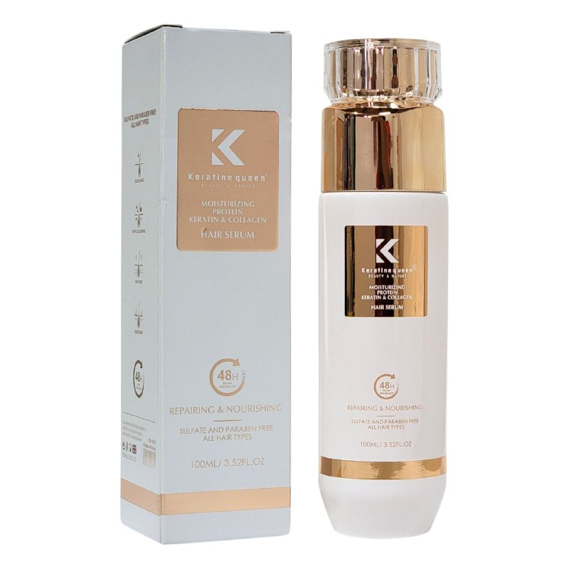 ACEITE PARA EL CABELLO, SUERO CAPILAR HIDRATANTE CON PROTEINA, KERATINA Y COLAGENO 100ML, FORMULADO PARA REPARAR EFICAZMENTE EL CABELLO DAÑADO DANDO BRILLO Y FLEXIBILIDAD KERATINE QUEEN