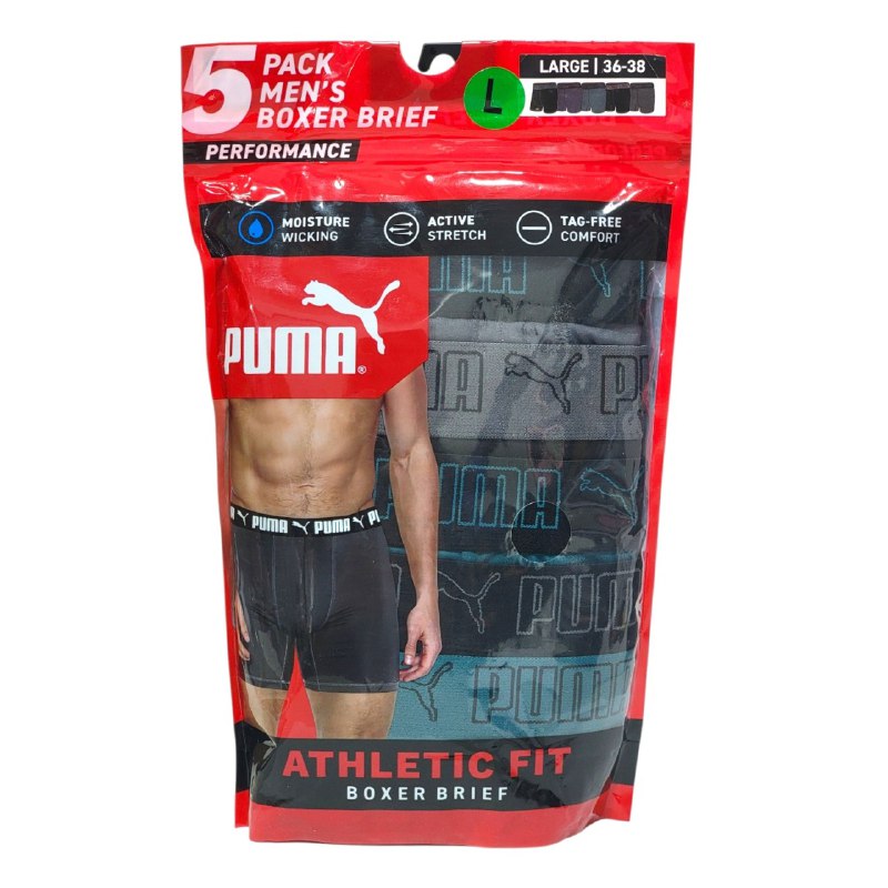 ROPA INTERIOR PARA CABALLERO PUMA ATHLETIC FIT BOXER BRIEF 5 UNIDADES TALLA LARGE 36-38 (L)