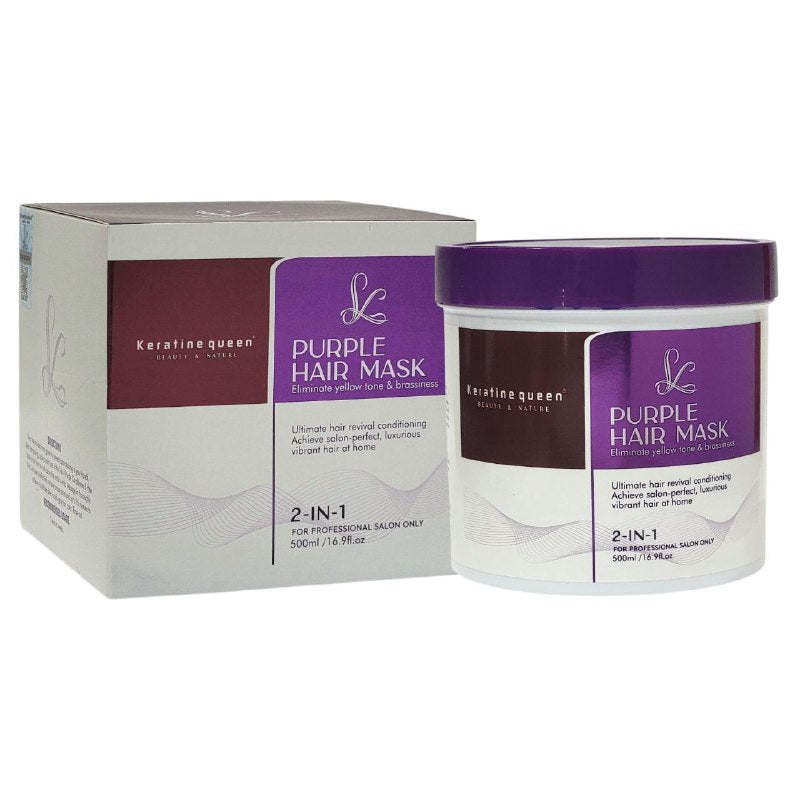 MASCARA PARA EL CABELLO 500ML,MORADA 2 EN 1, REVITALIZA EL CABELLO ACONDICIONADOR Y MASCARILLA CAPILAR QUE NEUTRALIZA TONOS COBRIZOS, REALZA EL COLOR Y DA BRILLO AL CABELLO RUBIO Y TEÑIDO KERATINE QUEEN 500ML
