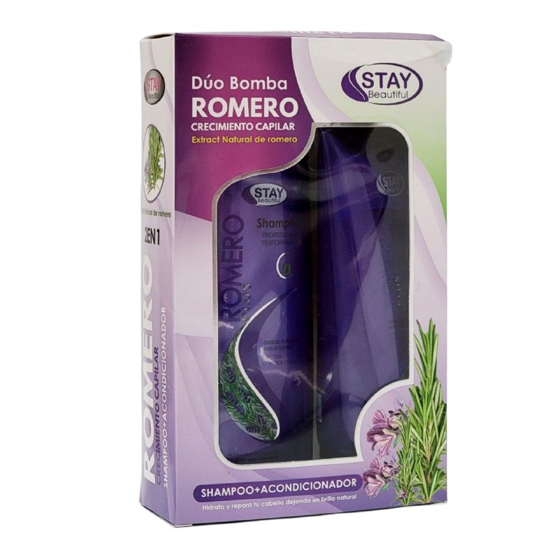 SHAMPOO PARA EL CABELLO EN SET Y ACONDICIONADOR NATURAL DE ROMERO, HIDRATA Y REPARA DEJANDO BRILLO NATURAL STAY BEAUTIFUL