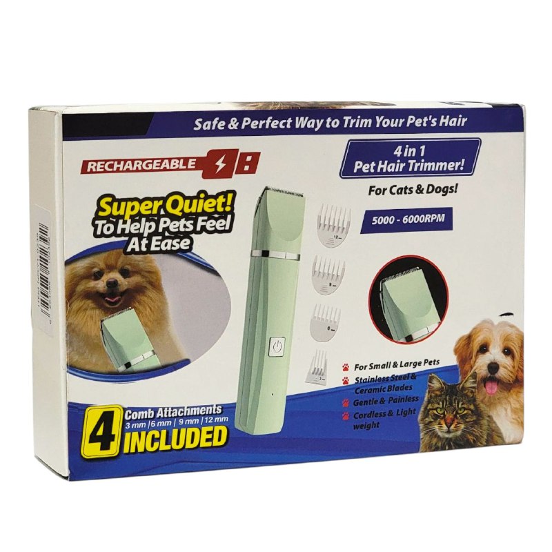 MAQUINA CORTADORA DE PELO PARA MASCOTAS 4 EN 1, PERROS, GATOS, ETC, SUPER SILENCIOSO COMODO, CUCHILLA DE ACERO INOXIDABLE Y CERAMICA 4 EN 1 PET HAIR TRIMMER
