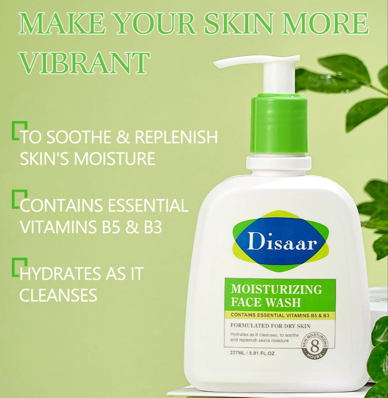 LIMPIADOR FACIAL WASH DE LAVADO FACIAL HIDRATANTE CON VITAMINAS ESENCIALES B5 Y B3, HIDRATA, LIMPIA, CALMA Y REPONE LA HUMEDAD DE LA PIEL DISAAR MOISTURIZING FACE WASH 237ML