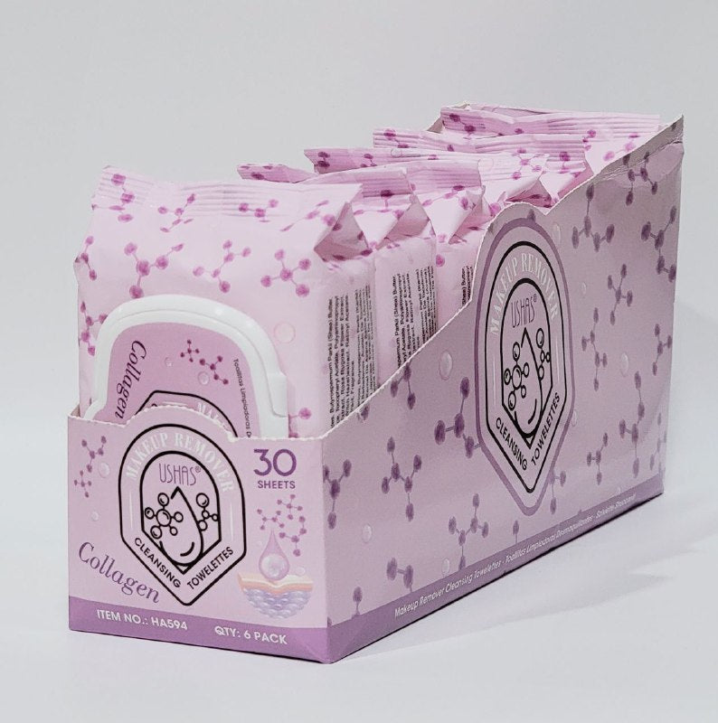 TOALLITAS HUMEDAS DESMAQUILLANTES CON COLAGENO, LIMPIAN Y DESMAQUILLAN EL ROSTRO, CUELLO Y AREA DE LOS OJOS USHAS 30UND