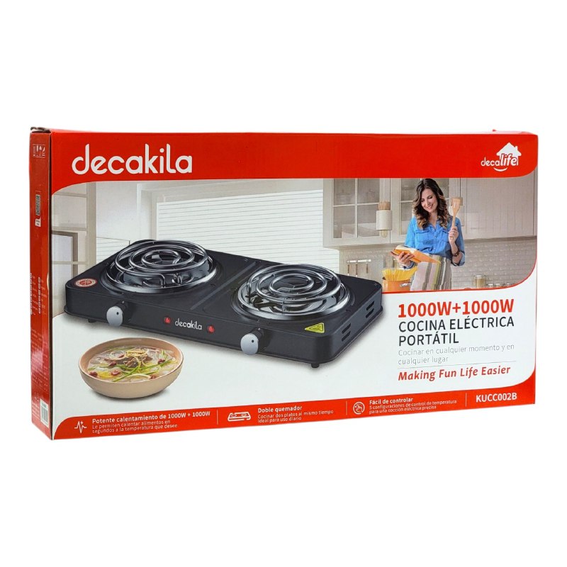 MAQUINA ESTUFA ELECTRICA DE 2 HORNILLAS PORTATIL 1000W DECAKILA