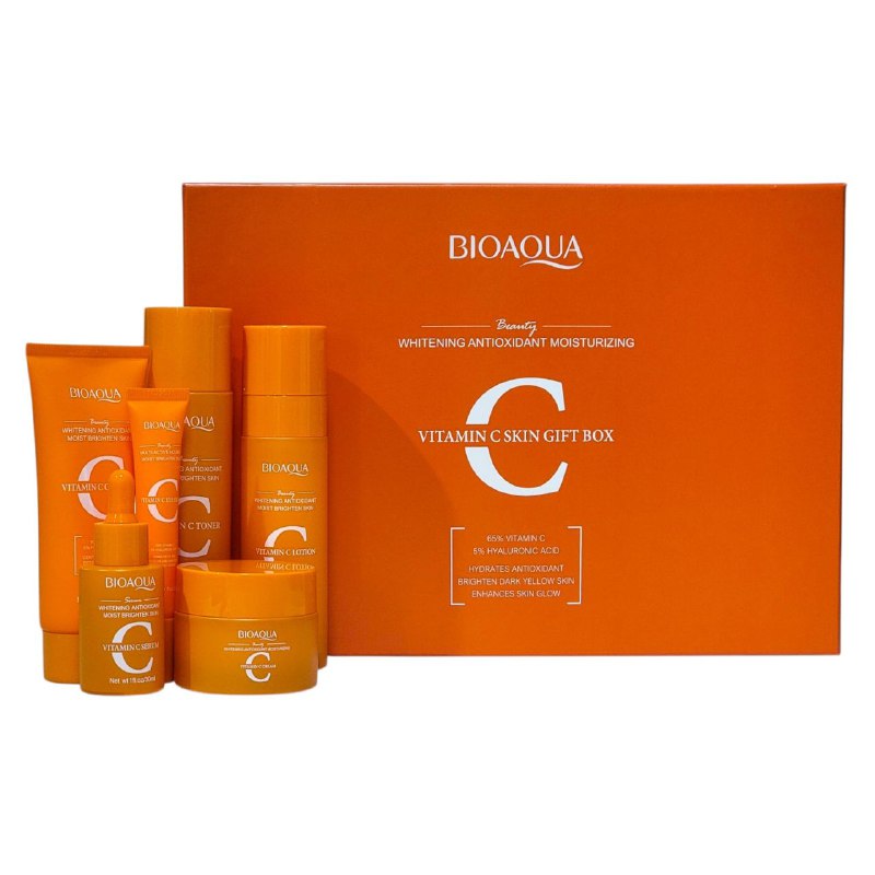 SET DE CUIDADO FACIAL DE VITAMINA C DE 6 PIEZAS, EFECTO BLANQUEADOR, ANTIOXIDANTE Y HIDRATANTE BIOAQUA VITAMIN C