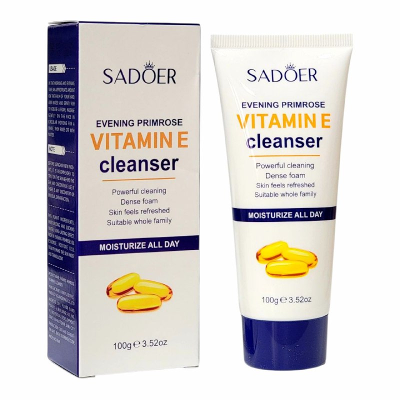 LIMPIADOR FACIAL DE ONAGRA CON VITAMINA E, ESPUMA RICA, DENSA Y DELICADA QUE LIMPIA SUAVEMENTE LA PIEL GRASA Y RESIDUOS DE MAQUILLAJE SADOER VITAMIN E 100G