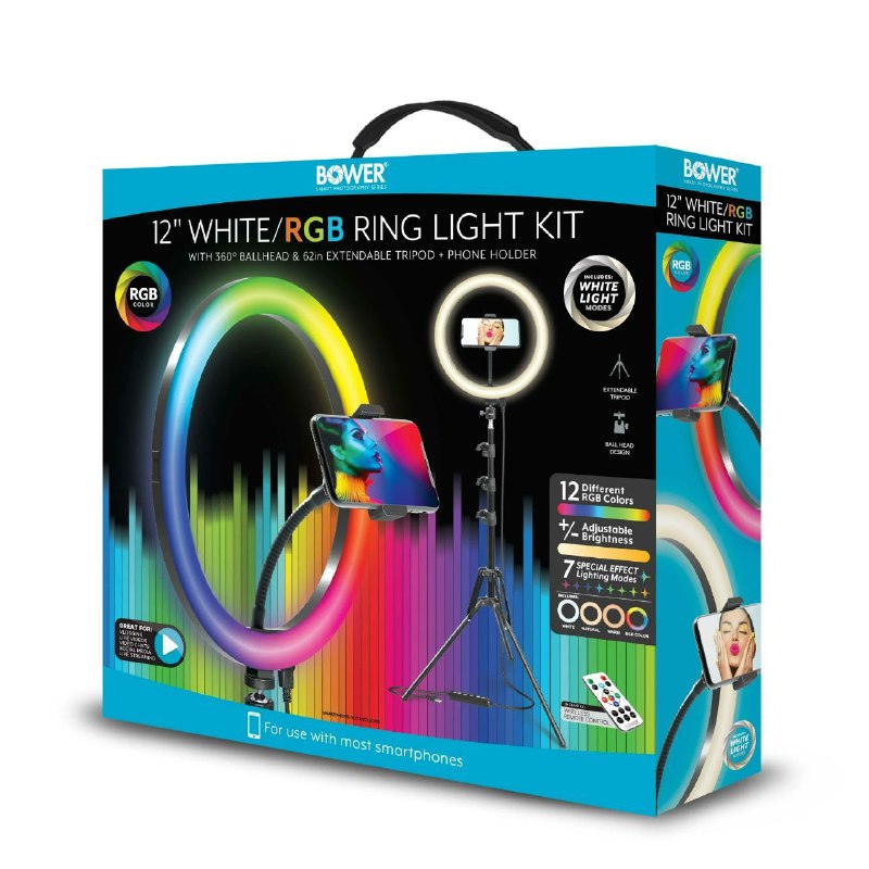 ARO DE LUZ LED ANILLO DE LUZ PARA SELFIE LUZ ANULAR BLANCA/RGB DE 2 PULGADAS CON ROTULA DE 360 GRADOS, TRIPODE DE 62 PULGADAS BOWER KIT