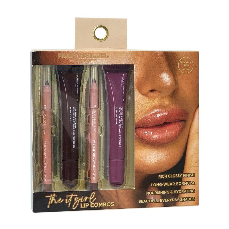 BRILLO LABIAL TINTA EN SET DE 4 PIEZAS DUPE DE RHODE,TINTA Y DELINEADORES DE LABIOS CON ACABADO MATTE RUBY & MILLIE 10MLX2, 1GX2