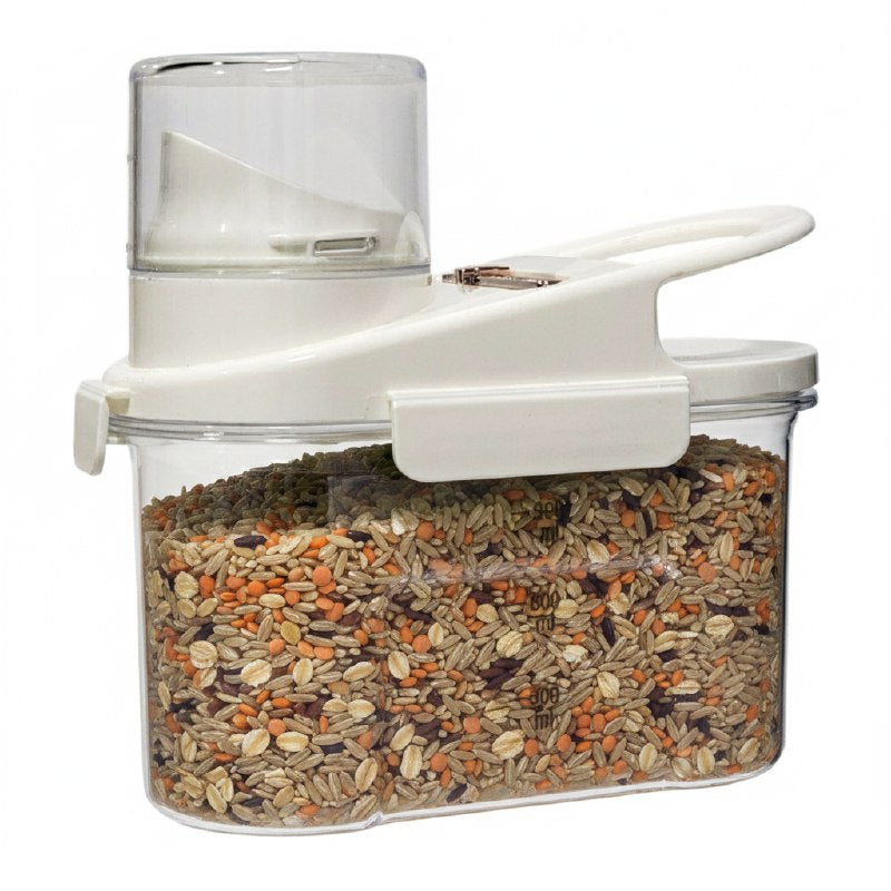 ALMACENADOR DISPENSADOR DE ALIMENTOS CEREALES O GRANOS 900ML, EQUIPADO CON LINEA MEDIDORA Y TAPADERA DE USO FACIL 3 COLORES