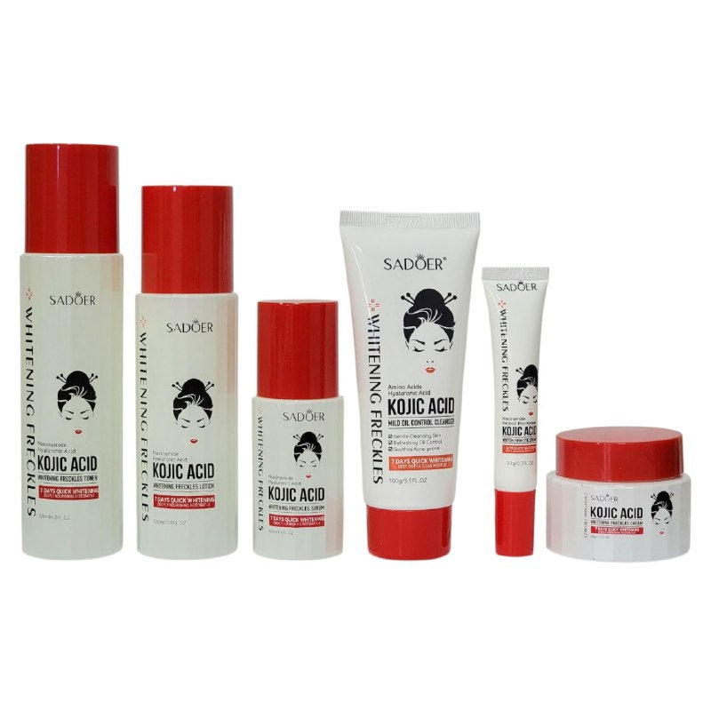 SET DE CUIDADO FACIAL DE ACIDO KOJICO DE 6 PIEZAS, EFECTO BLANQUEADOR, REPARADOR Y REDUCTORA DEL ACNE SADOER KOJIC ACID WHITENING FRECKLES
