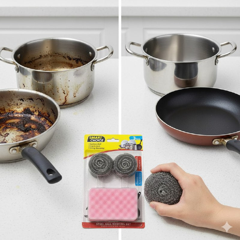 ESPONJA EN SET DE LAVADO DE BOLAS DE ACERO INOXIDABLE LAVA PLATOS SMART CHOICE, 3 COLORES