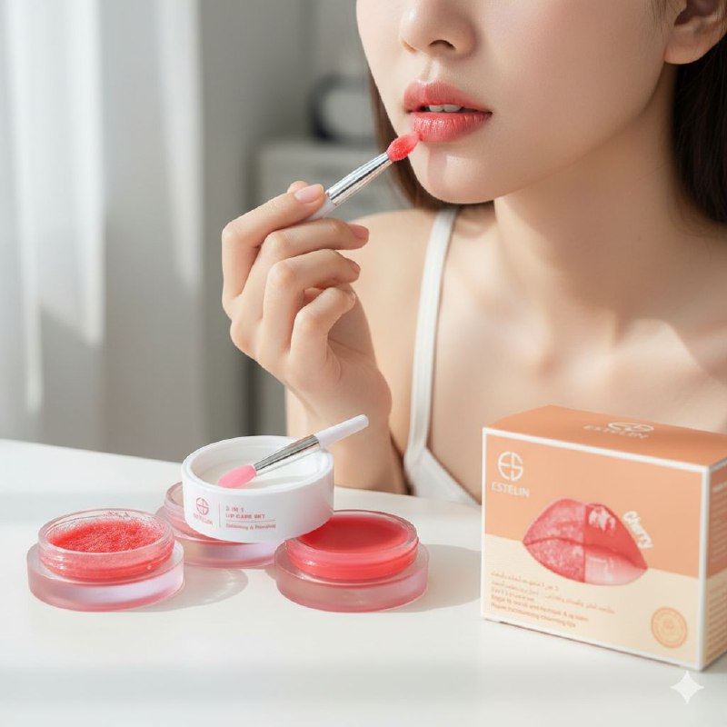 MASCARILLA HIDRATANTE PARA LABIOS EN SET 3 EN 1 BALSAMO HIDRATANTE MANTECA DE KARITE Y CEREZA ESTELIN 5G