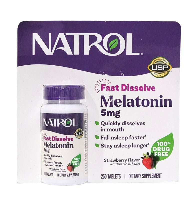 VITAMINAS EN TABLETAS DE MELATONINA 5MG PARA DORMIR, SE DISUELVEN RAPIDAMENTE EN LA BOCA, SABOR FRESA NATROL 250UND
