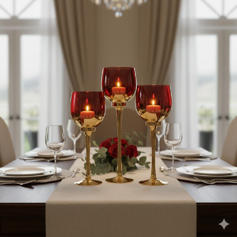 DECORACION CANDELERO EN SET DE 3 PIEZAS DE COPA CON TALLO DE CRISTAL DORADO ELEGANTE Y RESISTENTE