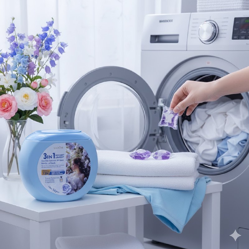 DETERGENTE 3 EN 1 DE PERLAS EN GEL PARA ROPA FRAGANCIA A CARILLON DE VIENTO AZUL SADOER 36UND