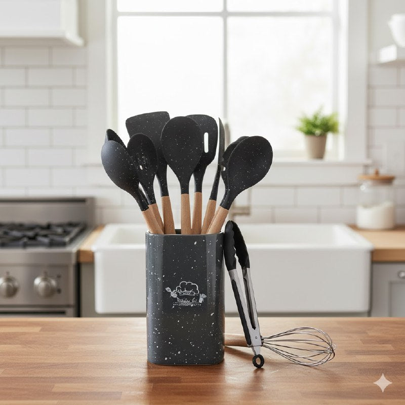 JUEGO DE UTENSILIOS DE COCINA DE SILICONA CON SOPORTE PLASTICO DE 12 PIEZAS, DISEÑADO PARA SOPORTAR TEMPERATURAS DE 30 A 130 GRADOS, SILICONA FLEXIBLE Y SUAVE, 5 COLORES KITCHEN & DINNING