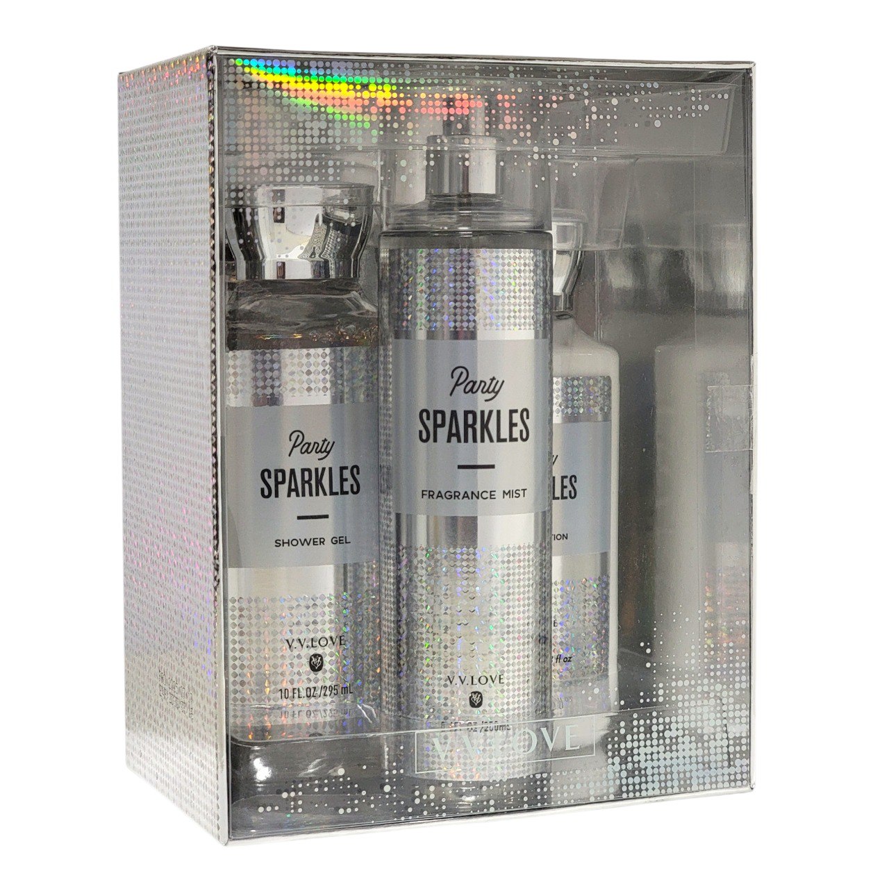 SET DE SPLASH, GEL DE DUCHA Y CREMA CORPORAL PARTY SPARKLES V.V. LOVE (DUPE DE PLATINUM BATH & BODY WORKS)