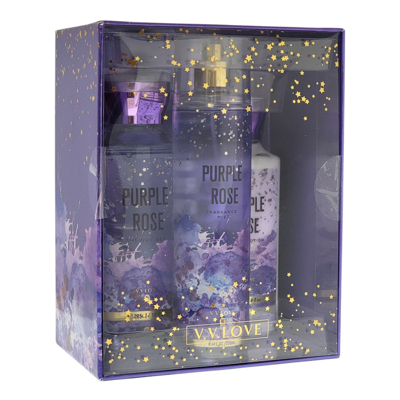 SET DE SPLASH, GEL DE DUCHA Y CREMA CORPORAL PURPLE ROSE V.V. LOVE (DUPE DE FRESH CUT LILACS BATH & BODY WORKS)