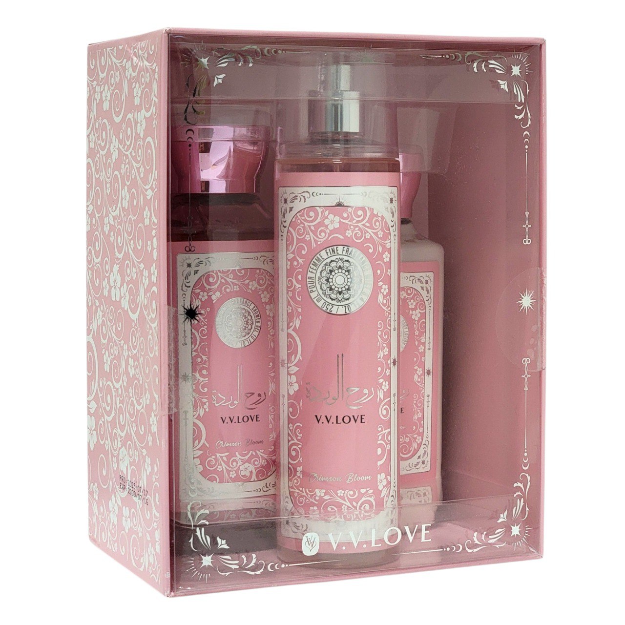 SET DE SPLASH, GEL DE DUCHA Y CREMA CORPORAL ARABE CRIMSON BLOOM V.V. LOVE (DUPE DE YARA LATTAFA)